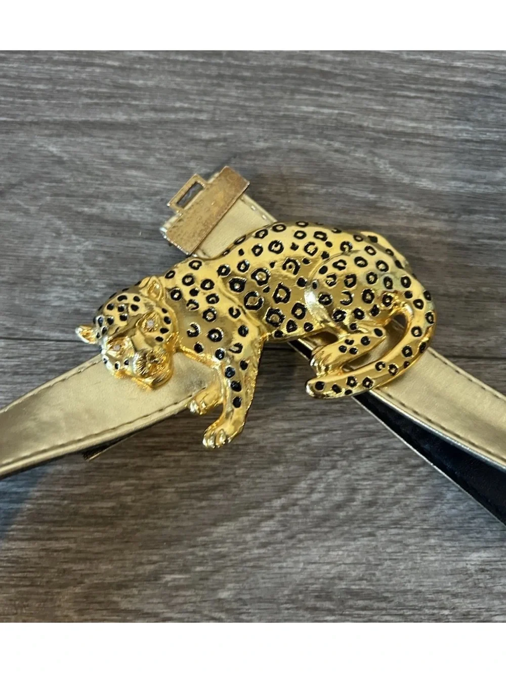 Vintage 80s 90s Gold Leopard Belt Rhinestone Big Cat Buckle Statement Glam 41”